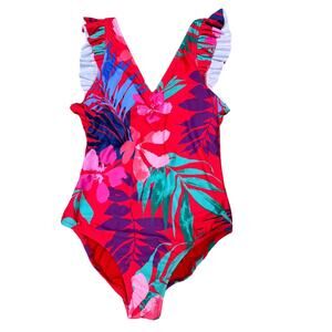 Jessica Simpson Women's Ruffled Red Floral One Piece Swimsuit NWT Size Small